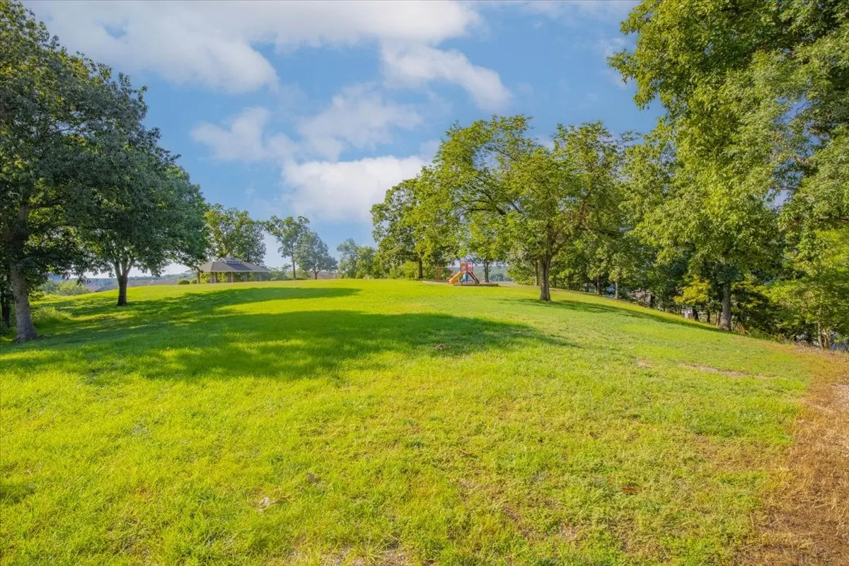 An energetic outdoor scene showcasing playground equipment, a nearby picnic shelter, expansive green lawns, and mature trees. Children and families can be imagined enjoying the space, signaling a welcoming environment for all ages.